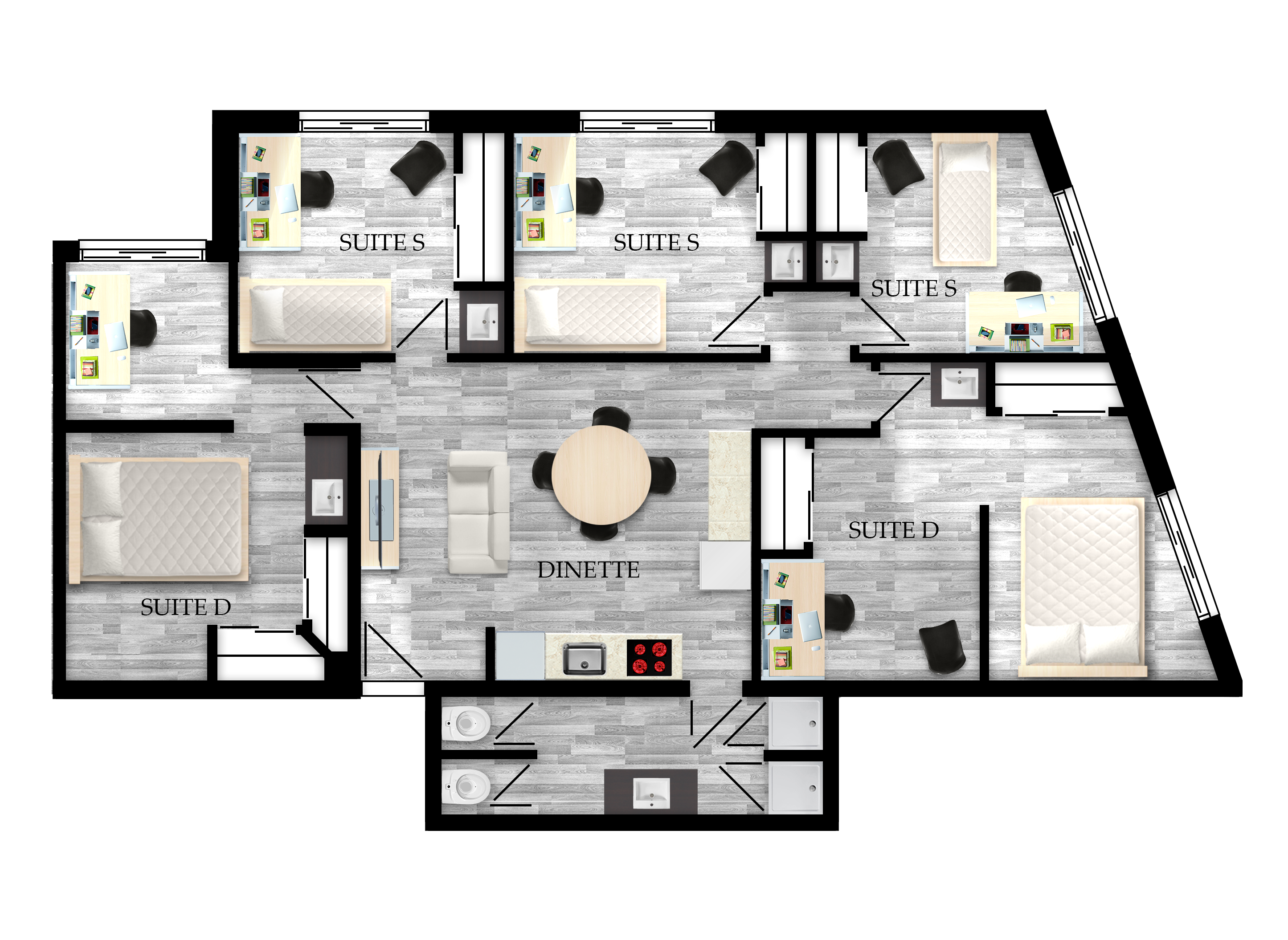 2- to 6-bedroom student apartment