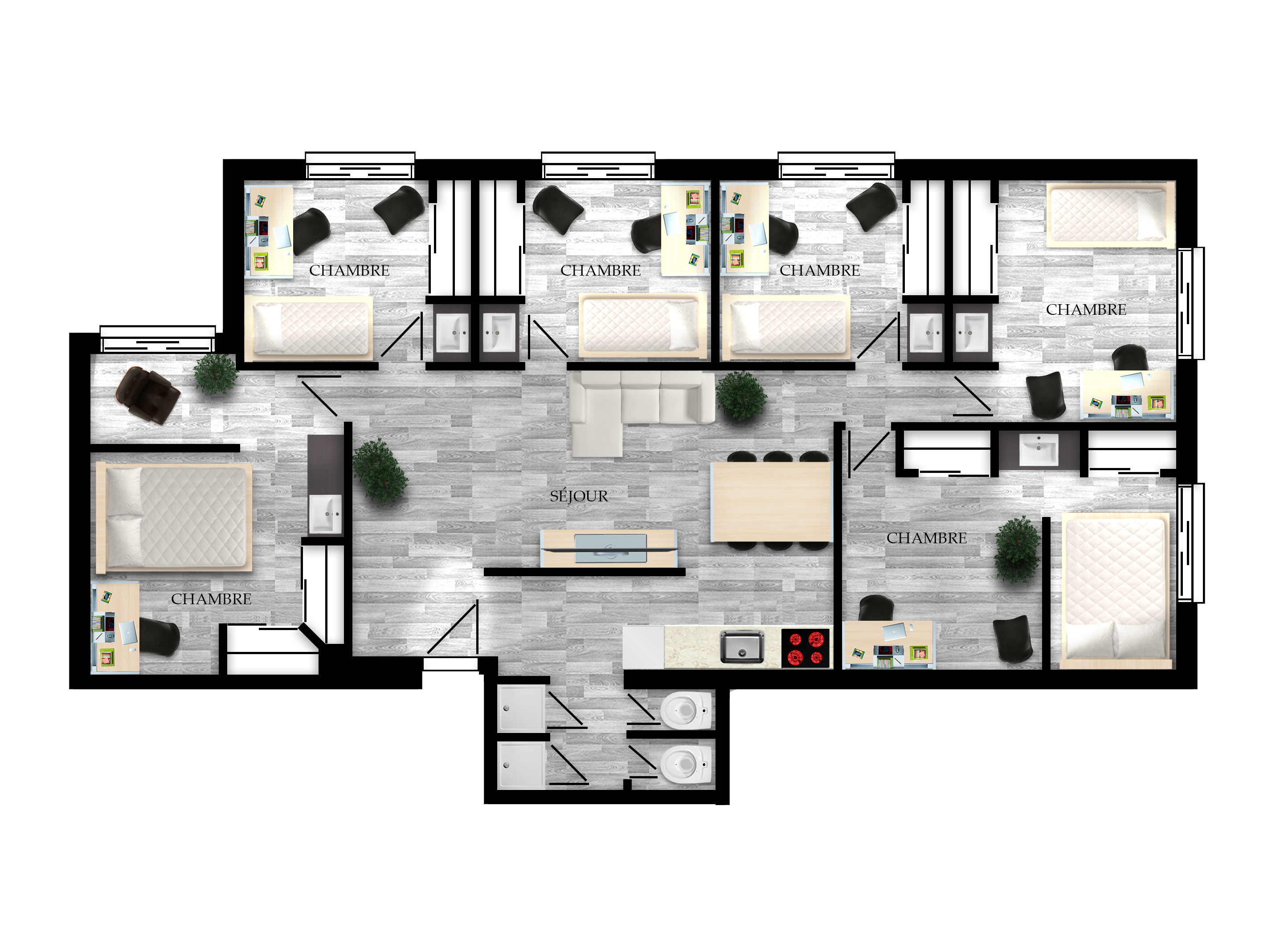 2- to 6-bedroom student apartment